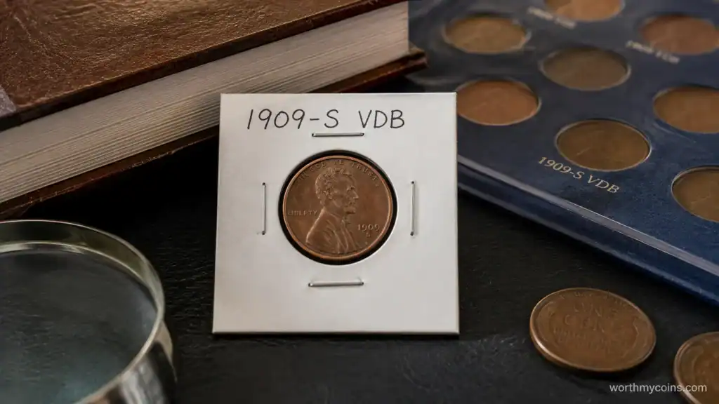 1909-S VDB Lincoln Wheat Penny displayed in a vintage coin album