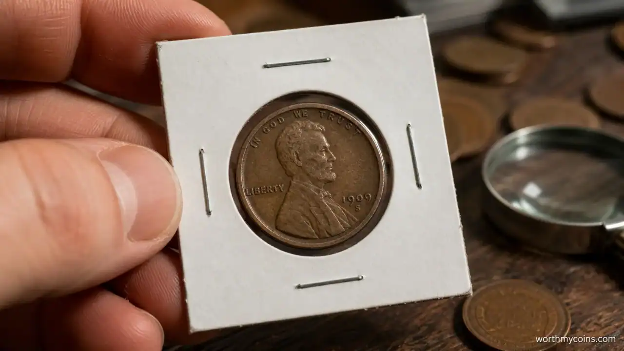 Authentic 1909-S VDB Lincoln Wheat Penny showing the obverse and reverse with the San Francisco mint mark and VDB initials.