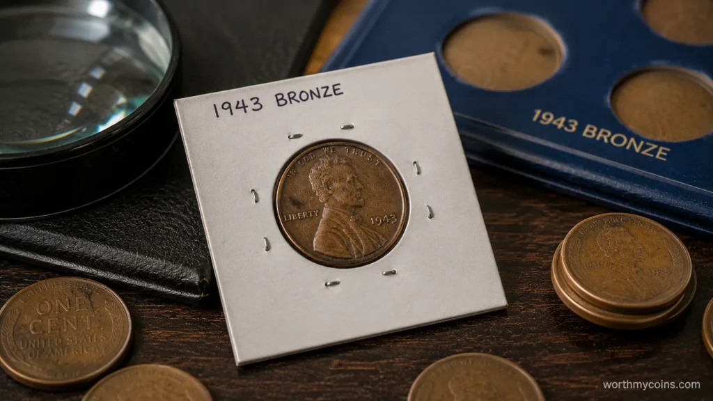 1943 Bronze Lincoln Wheat Penny displayed beside a Lincoln cent album