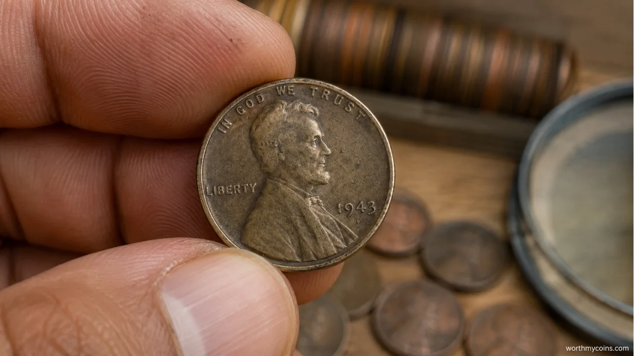 Authentic 1943 Bronze Lincoln Wheat Penny displayed beside a standard 1943 steel penny for identification comparison.