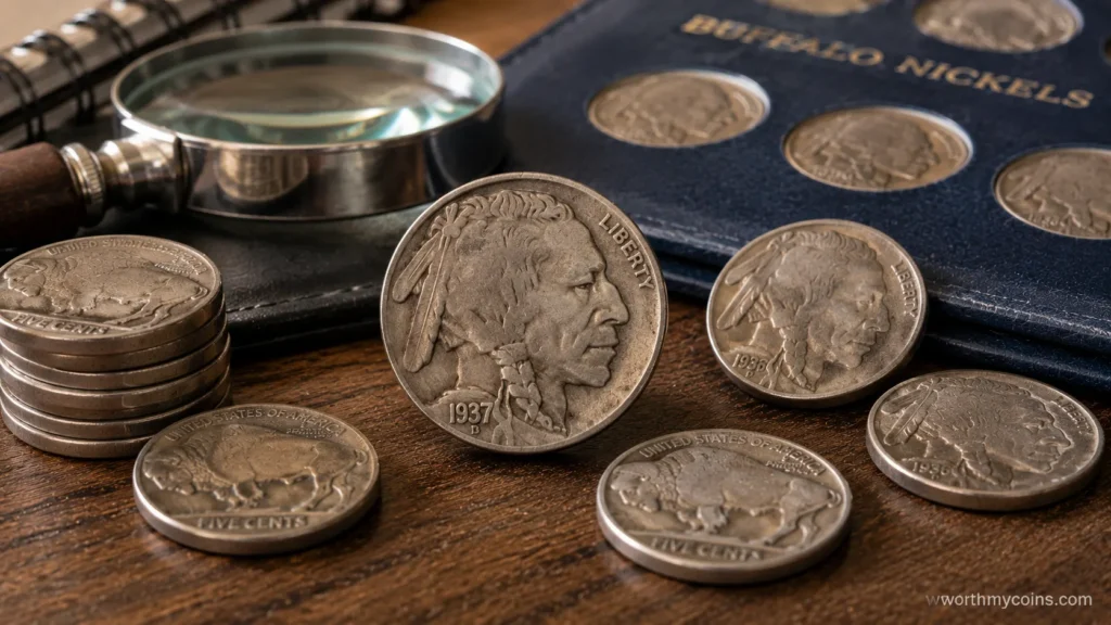 Buffalo Nickels displayed for comparing key dates and collectible varieties