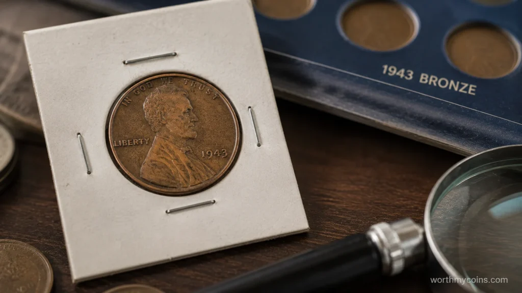 Close-up of a 1943 Bronze Lincoln Wheat Penny for identification
