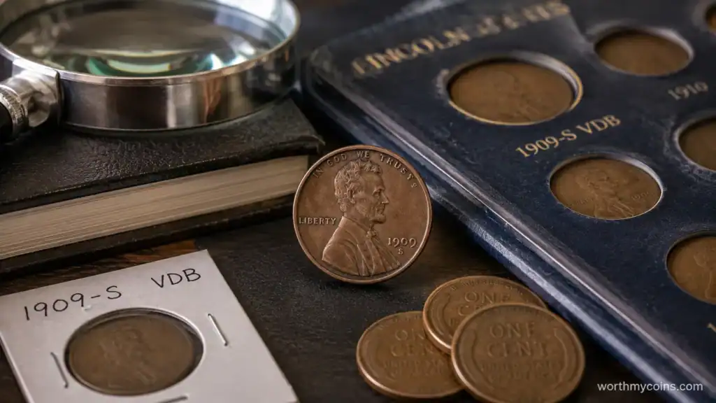 Close-up of a genuine 1909-S VDB Lincoln Wheat Penny showing the San Francisco mint mark
