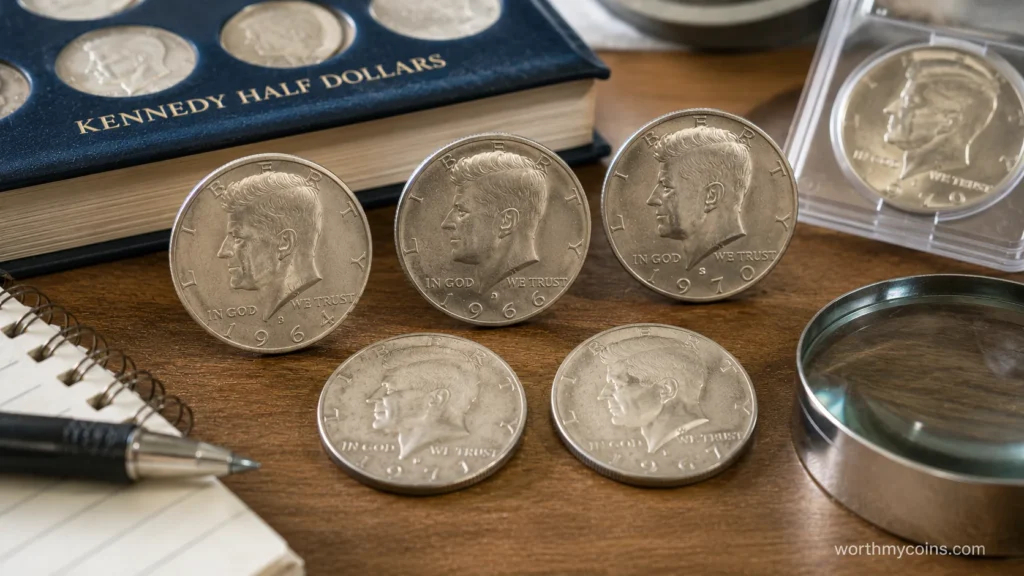 Collector examining Kennedy Half Dollars with magnifier before grading