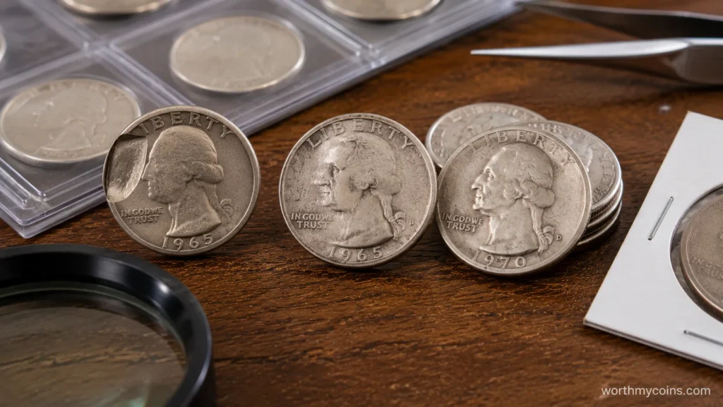 Magnifier inspecting Washington Quarter for doubled die and mint errors