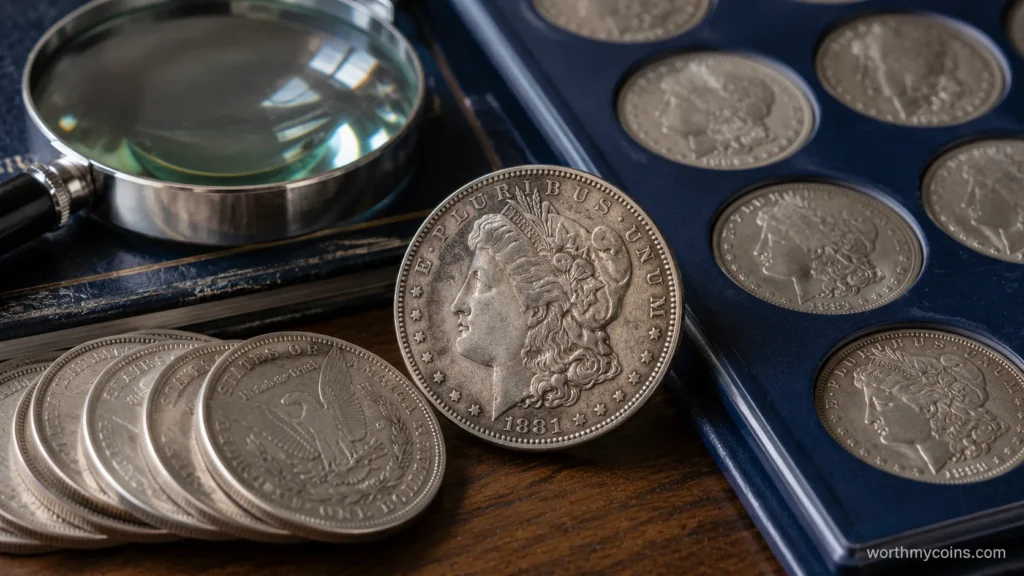 Morgan Dollar collection showing different dates and mint marks