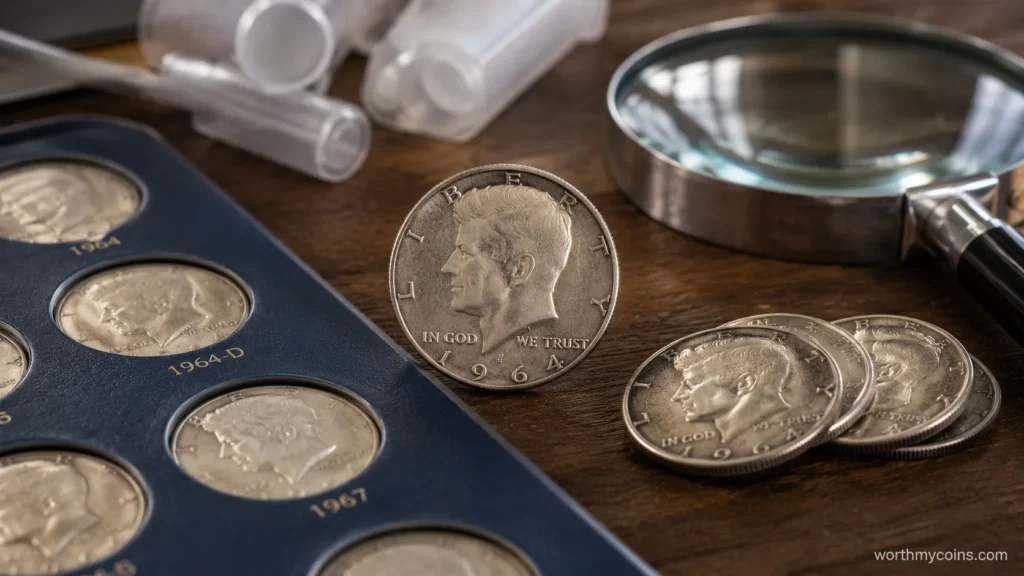 Silver Kennedy Half Dollars displayed with collector album