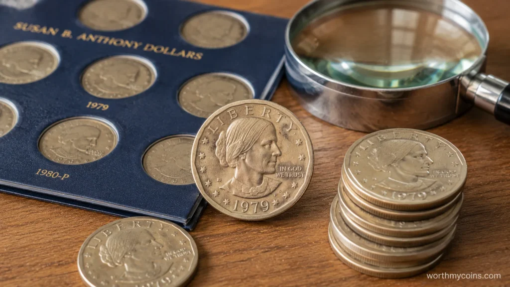 Susan B. Anthony Dollar collection showing multiple dates and varieties
