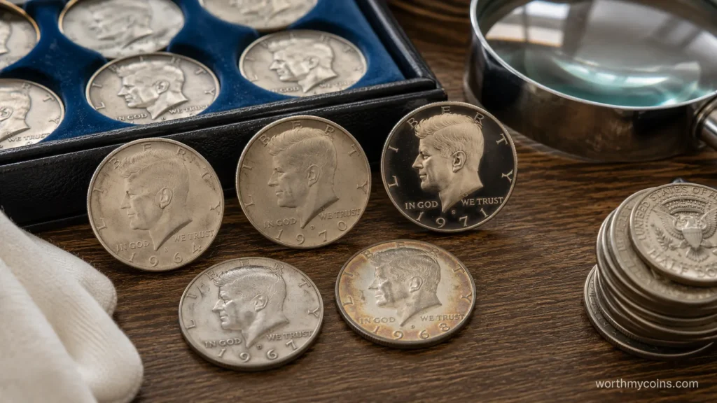 Five collectible Kennedy Half Dollar coins from different years displayed for comparison