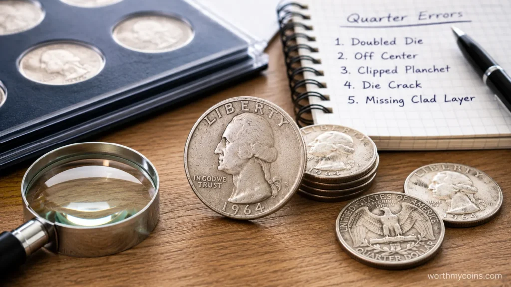 Washington Quarter showing common mint error examples including off-center strike and clipped planchet