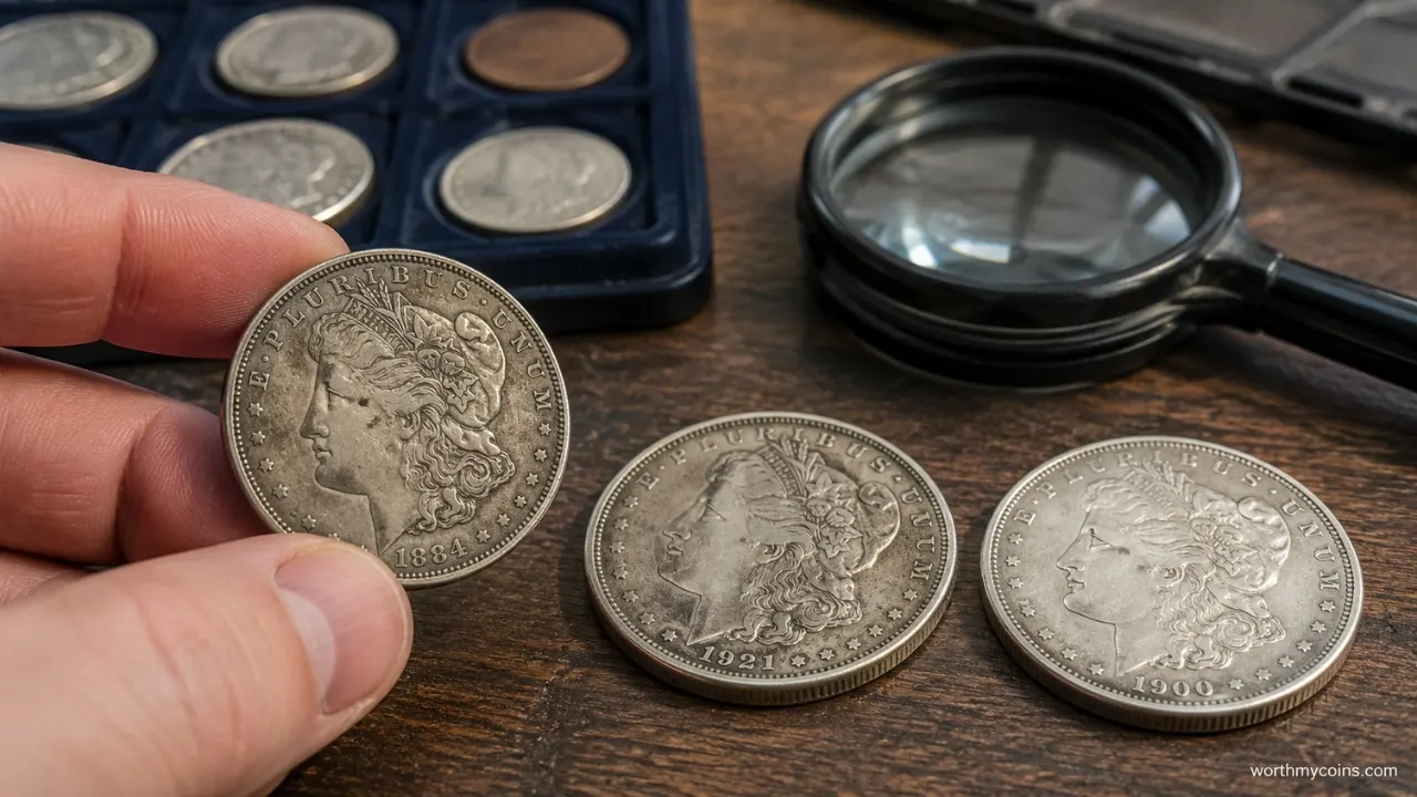 Morgan Dollar silver coin showing Liberty and eagle with rare dates and mint mark identification for collectors.
