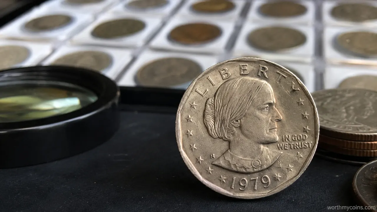 Susan B. Anthony Dollar coin showing the obverse and reverse with mint mark and rare variety identification.