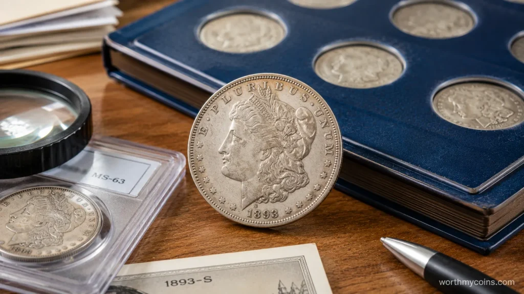 Reverse of a certified 1893-S Morgan Dollar showing the San Francisco mint mark