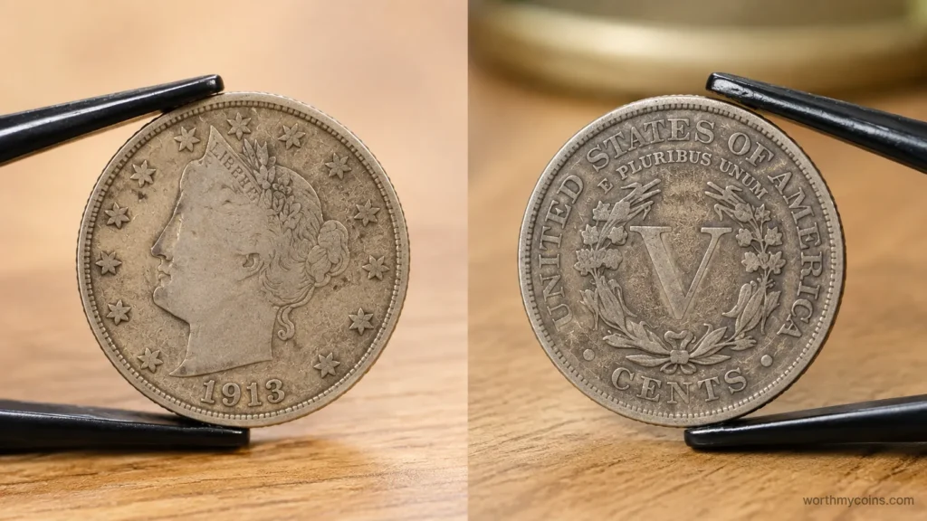 Obverse and reverse of a genuine 1913 Liberty Head Nickel showing key identification features