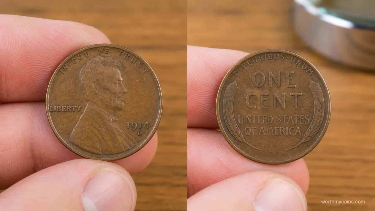 1914-D Lincoln Wheat Penny showing the obverse and reverse with the Denver mint mark beneath the date