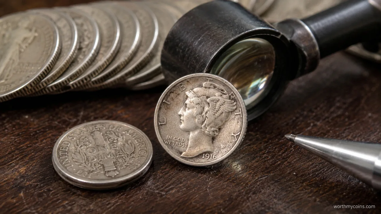 1916-D Mercury Dime key date silver coin showing obverse and reverse with Denver mint mark
