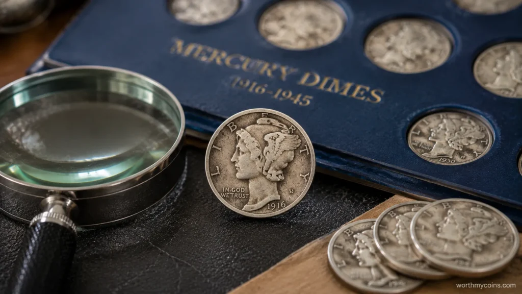 Reverse of a genuine 1916-D Mercury Dime showing the Denver mint mark location