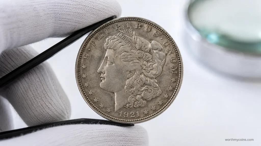 Reverse of a 1921 Morgan Silver Dollar showing the mint mark location above the letters DO in DOLLAR