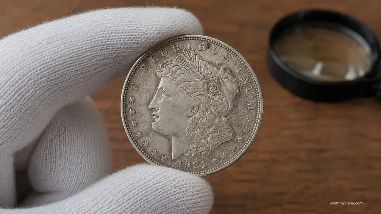 1921 Morgan Silver Dollar showing obverse and reverse with mint mark identification