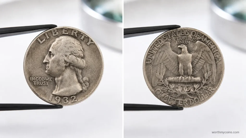 Close-up of the reverse mint mark on a genuine 1932-D Washington Quarter