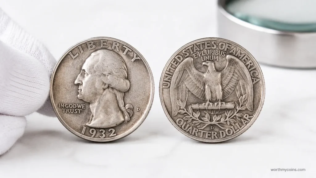 Obverse and reverse of a genuine 1932-D Washington Quarter showing the Denver mint mark