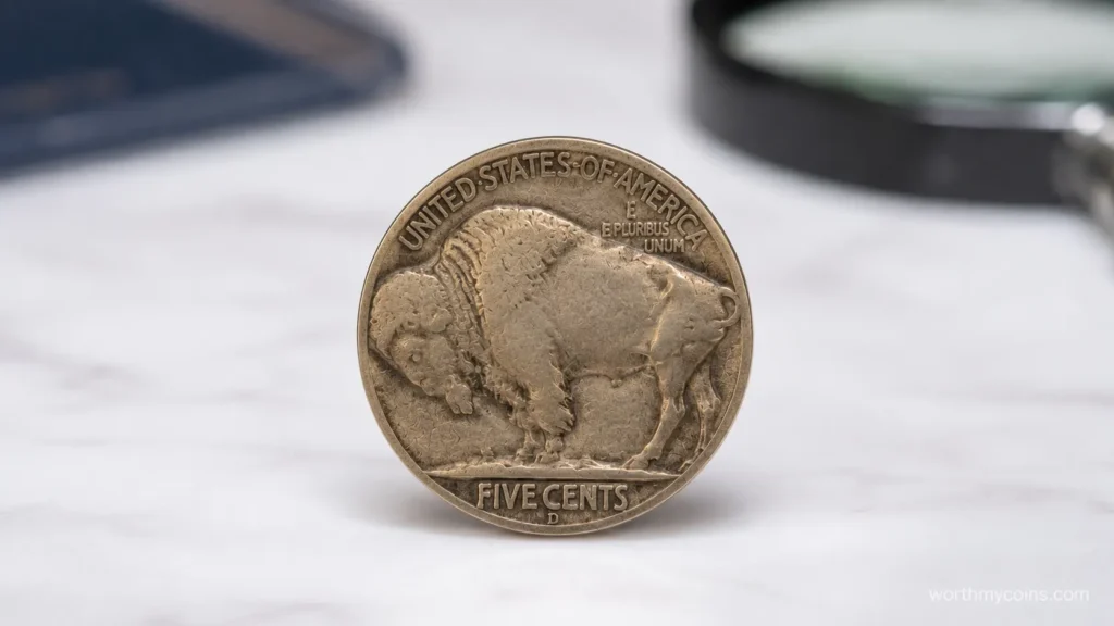 Close-up showing diagnostics on a genuine 1937-D 3-Legged Buffalo Nickel