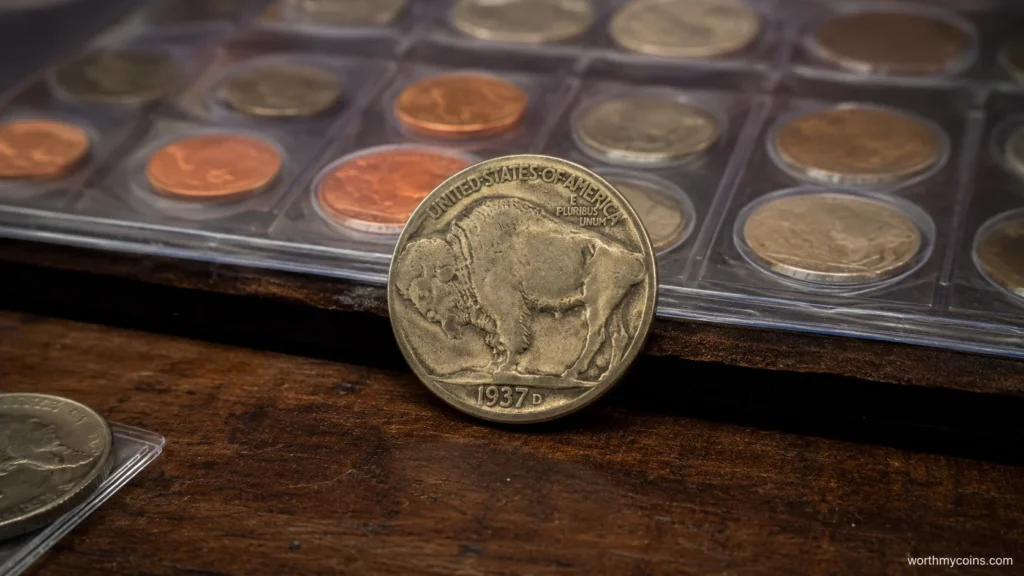 Reverse of a genuine 1937-D 3-Legged Buffalo Nickel showing the missing front leg