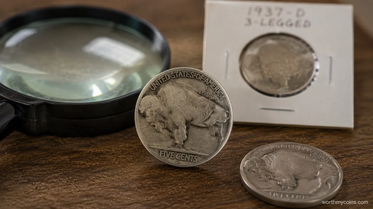 1937-D 3-Legged Buffalo Nickel rare error coin showing the missing front leg and Denver mint mark