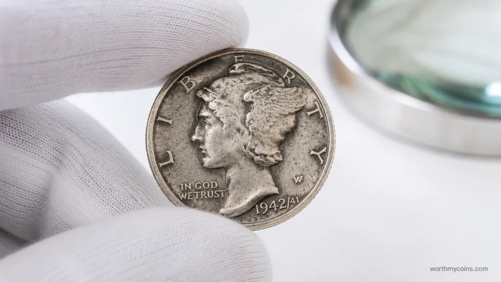 Close-up of a genuine 1942/41 Mercury Dime showing the overdate on the obverse