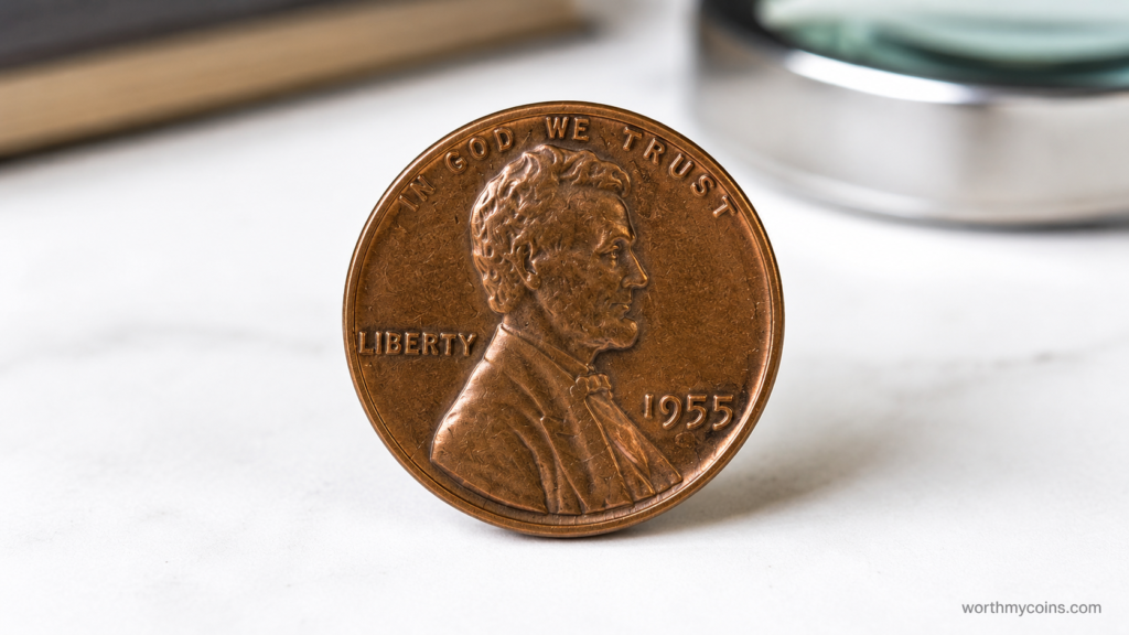 Close-up of a genuine 1955 Doubled Die Lincoln Penny showing doubled obverse lettering and date