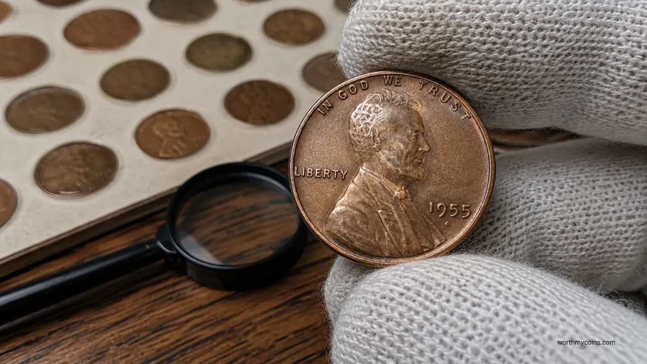 1955 Doubled Die Lincoln Penny showing strong doubled obverse lettering and date
