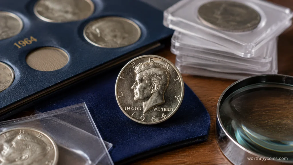 Certified 1964 SMS Kennedy Half Dollar displayed with coin holders and a collector album