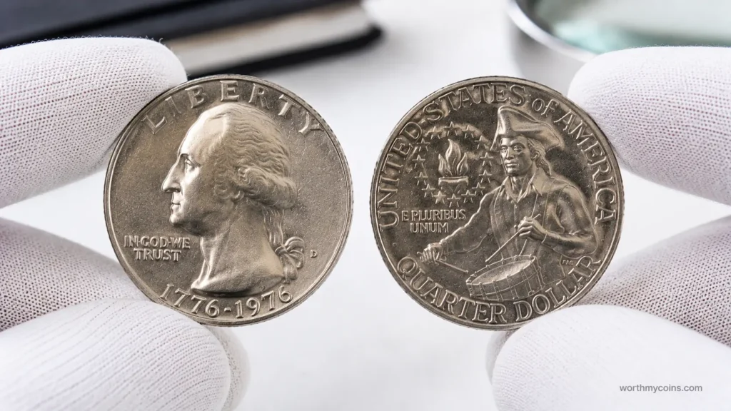 1976 Bicentennial Quarter showing the obverse and reverse for mint mark identification