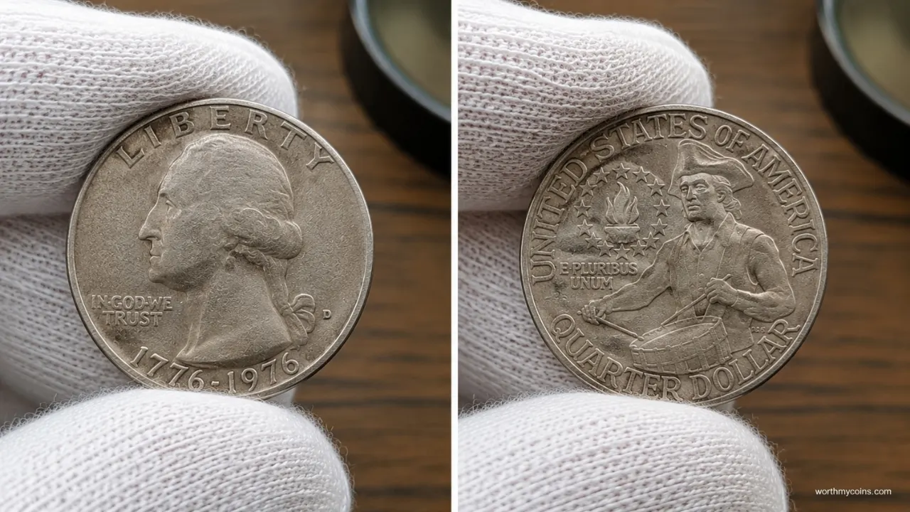 1976 Bicentennial Quarter with dual date 1776-1976 showing the Colonial Drummer reverse and Washington obverse