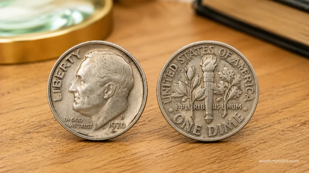 1982 No-P Roosevelt Dime showing the missing Philadelphia mint mark on the obverse
