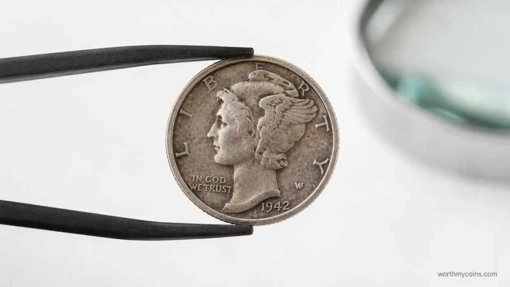 Authenticated 1942-41 Mercury Dime displayed for identification