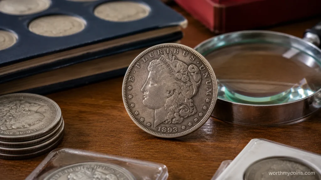 Certified 1893-S Morgan Dollar with grading holder and magnifying loupe