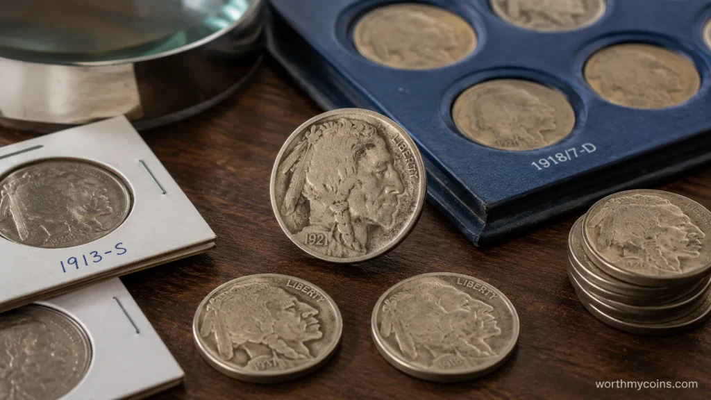 Key Buffalo Nickel dates and collectible varieties displayed with coin holders