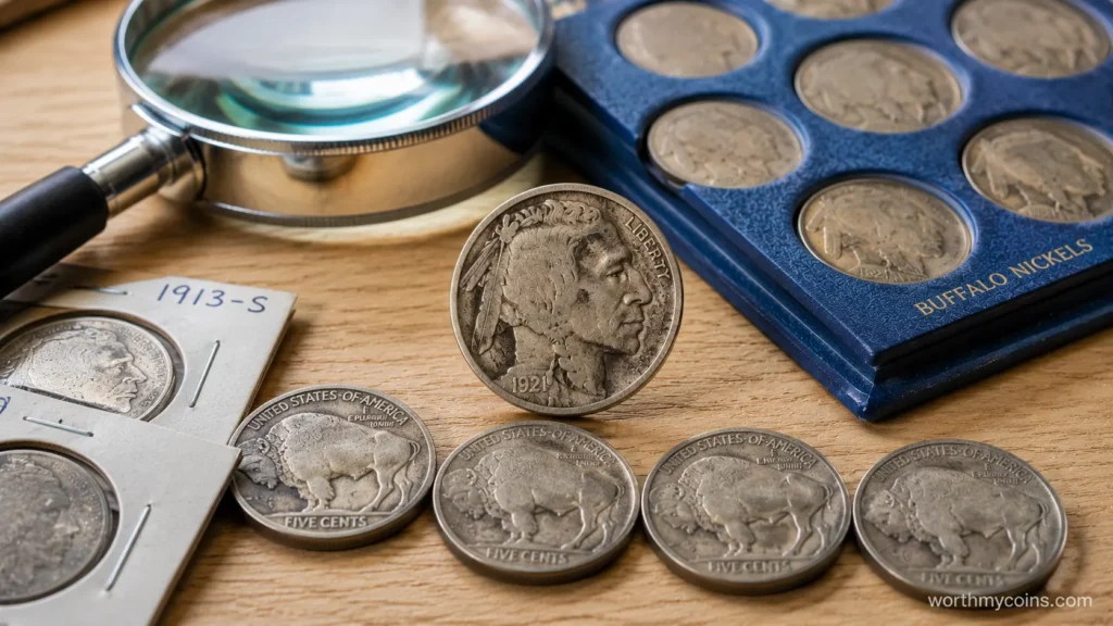 Buffalo Nickel showing mint mark location beneath the reverse denomination