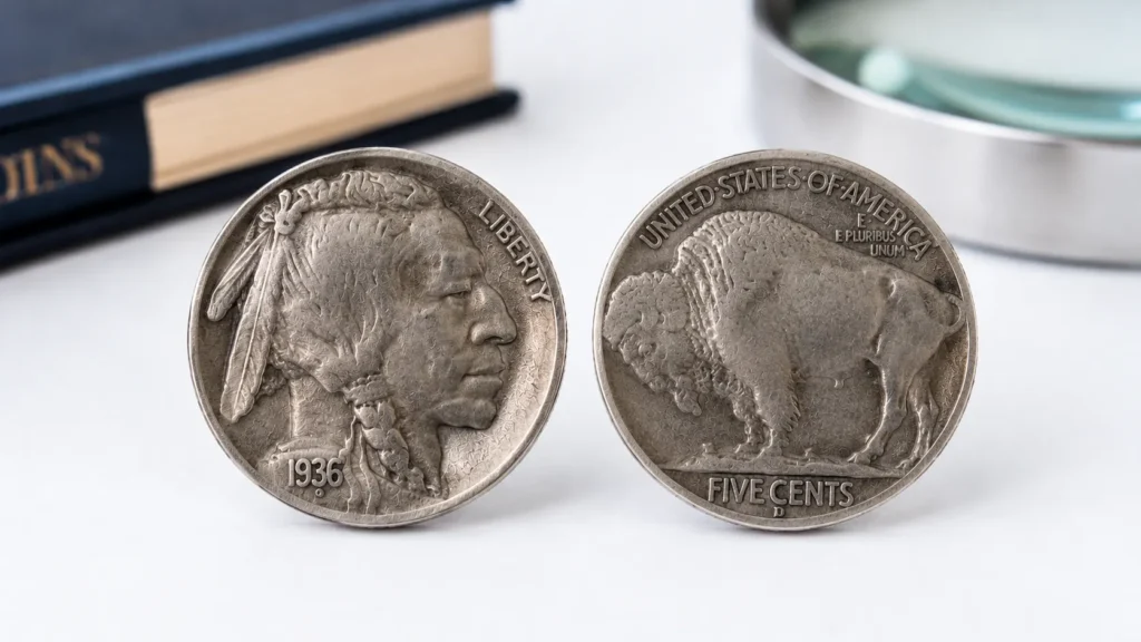 Obverse and reverse of a Buffalo Nickel used for variety identification