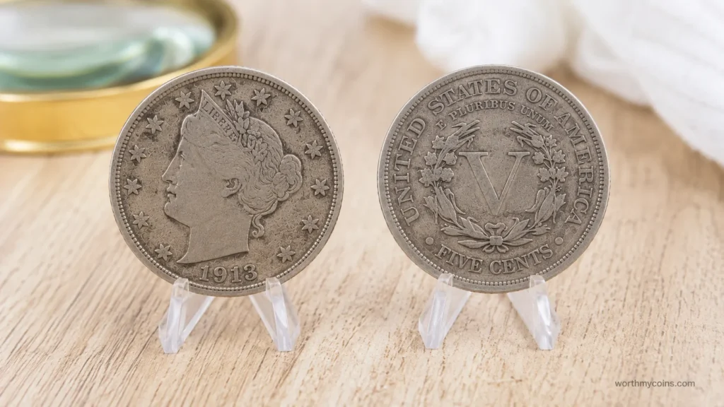 1913 Liberty Head Nickel displayed in a protective holder during professional examination