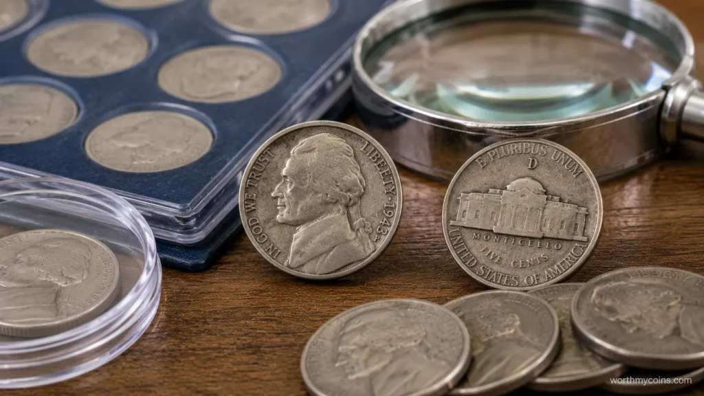 Collector inspecting a Jefferson nickel with a magnifying loupe for possible mint errors