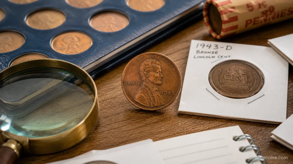 Comparison of a bronze 1943 Lincoln Wheat Penny and a common 1943 steel cent