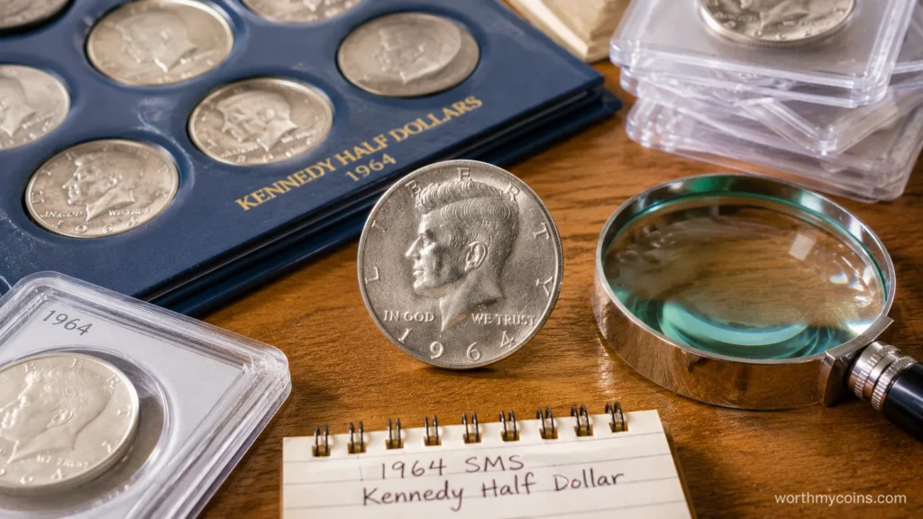 1964 SMS Kennedy Half Dollar displayed with a magnifying glass and collector's notebook for authentication