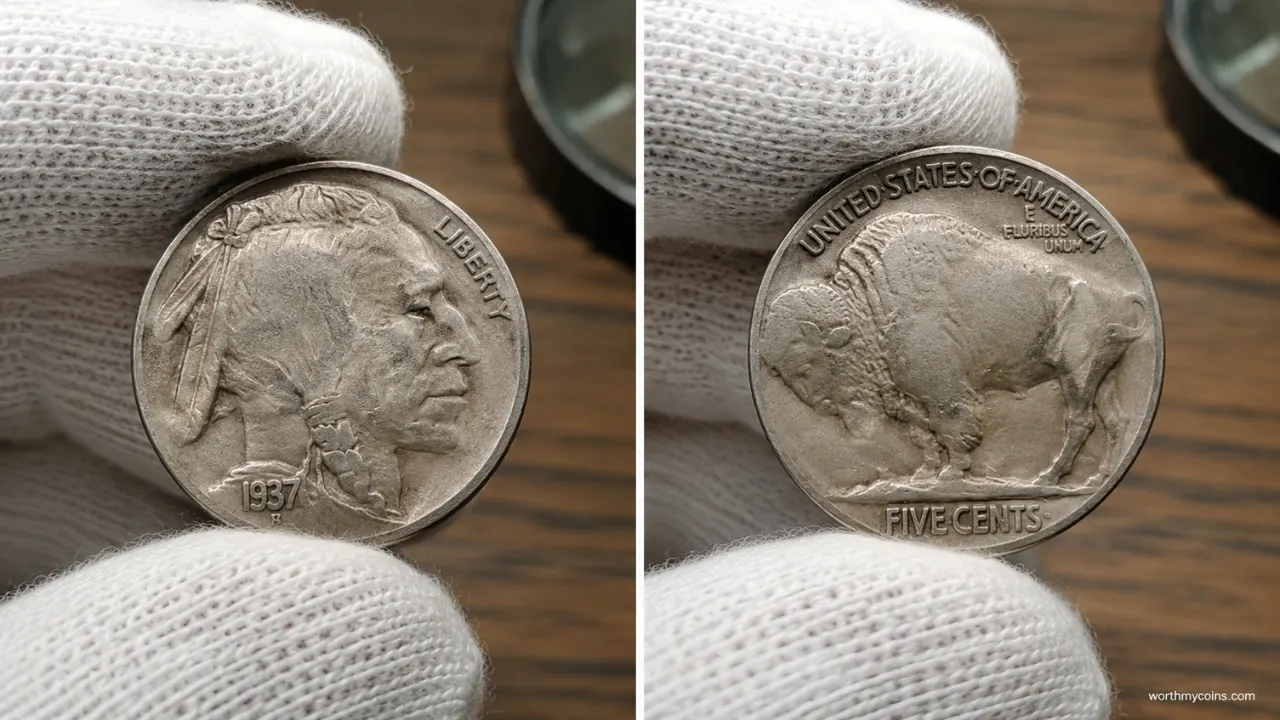 Collector examining a Buffalo Nickel for date, mint mark, and condition to determine its value
