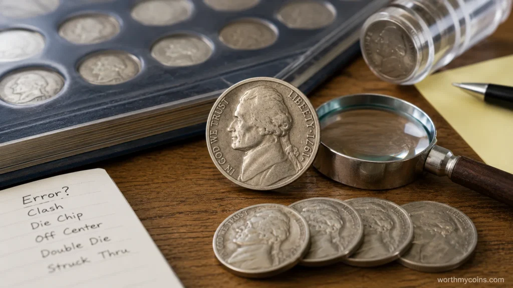 Jefferson nickel error coins arranged beside magnification tools for comparison