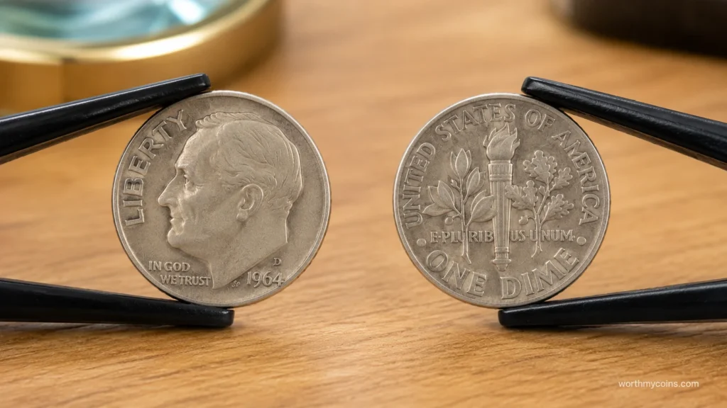 1946 silver Roosevelt Dime compared with a modern clad Roosevelt Dime showing the edge difference