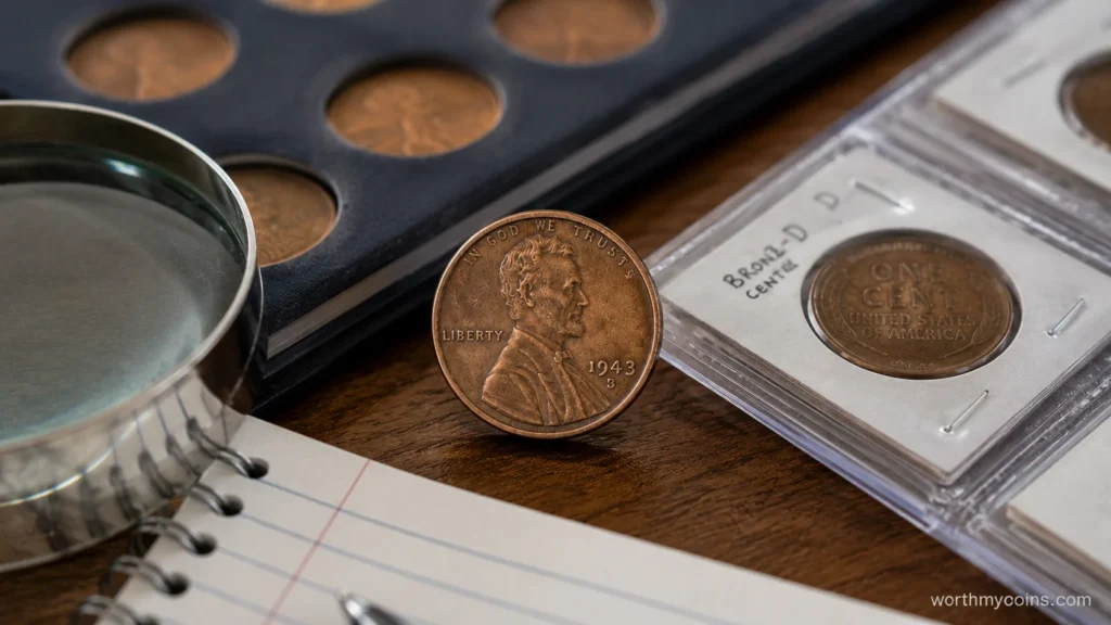 Collector testing a suspected 1943 bronze Lincoln penny using basic authentication tools