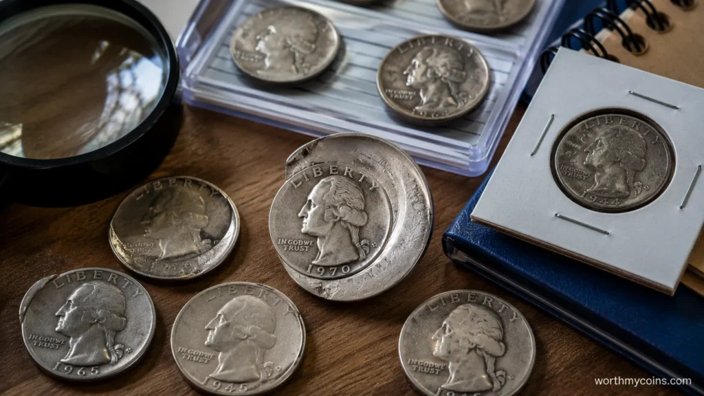 Collector examining a Washington quarter for mint errors using a magnifying loupe and digital scale