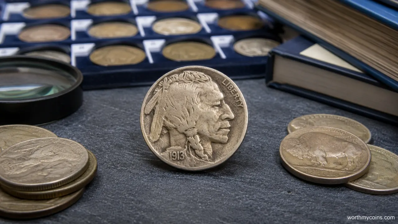 Buffalo Nickel showing the Native American portrait and American bison with key dates and mint mark identification.